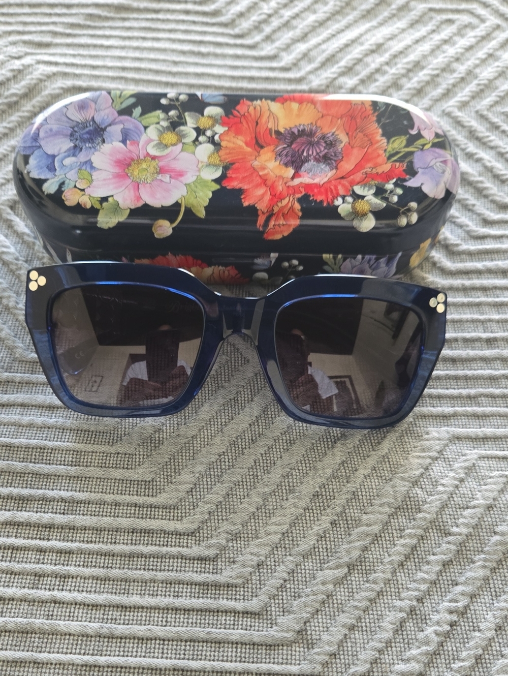 Women's Navy Blue Square Sunglasses with Floral Case